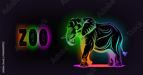 Vector abstract neon unusual glowing iridescent big elephant. Fluorescent wild herbivorous indian or african animal. Dark background. Colored inscription, zoo