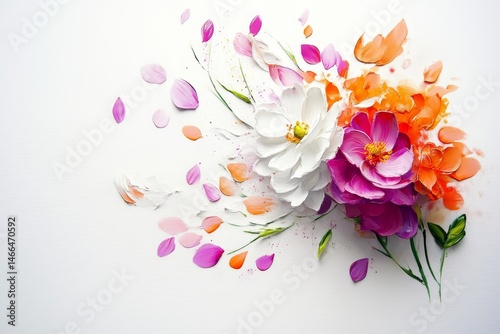 Colorful floral arrangement with flying petals.