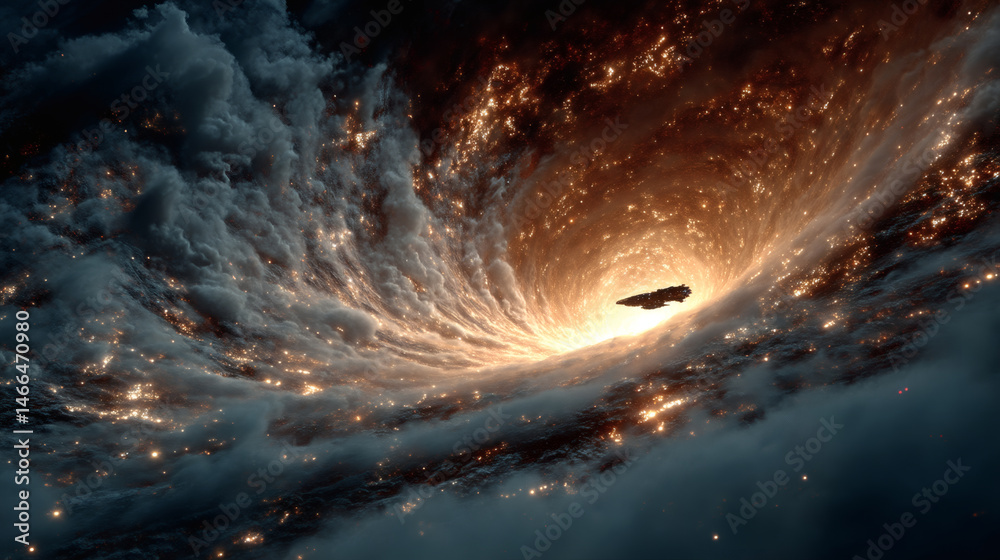 Fototapeta premium Spacecraft entering mysterious wormhole amidst cosmic phenomena deep space digital art sci-fi