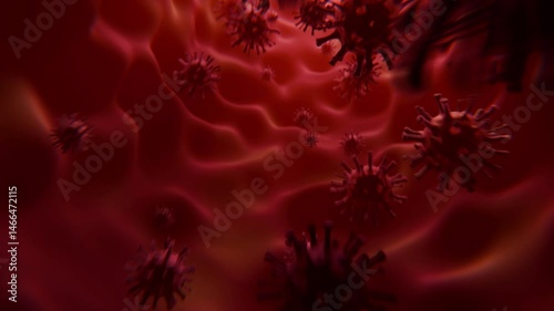 Health concept. Inside the virus vessel, virus cells inside the blood vessel, High quality 3d render 4k. Of blood cells, animation medical video