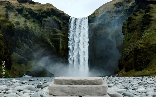 Nature backround for product placement, 3D waterfall landscape mockup backdrop for product and cosmetic presentation, backdrop photo for package or packaging box container