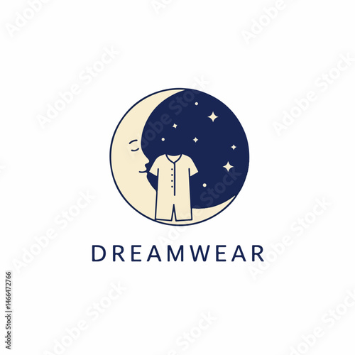 Dreamwear: A serene illustration of a crescent moon with a peaceful face, adorned with twinkling stars, and cradling a onesie, evoking the comfort and tranquility of sleep.