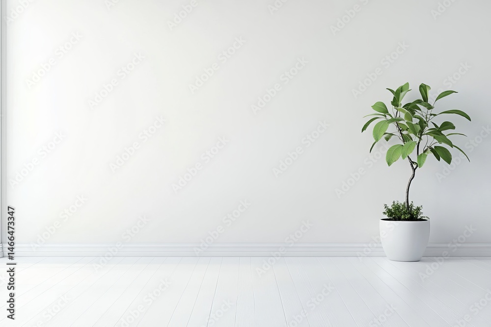 Fototapeta premium Minimalist indoor potted plant in white room with natural light and clean wooden floor