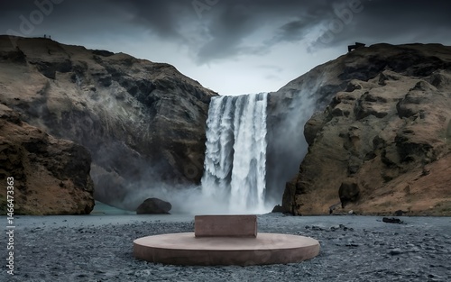 Nature backround for product placement, 3D waterfall landscape mockup backdrop for product and cosmetic presentation, backdrop photo for package or packaging box container