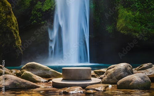 Nature backround for product placement, 3D waterfall landscape mockup backdrop for product and cosmetic presentation, backdrop photo for package or packaging box container
