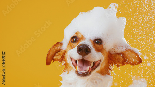 A fluffy jack russell terrier hound dog with soap foam bubbles on its head smiles enjoys bath time happy on light yellow background. fun pet grooming hygiene playful cute poster
