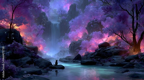 Cheshire cat in an enchanted waterfall