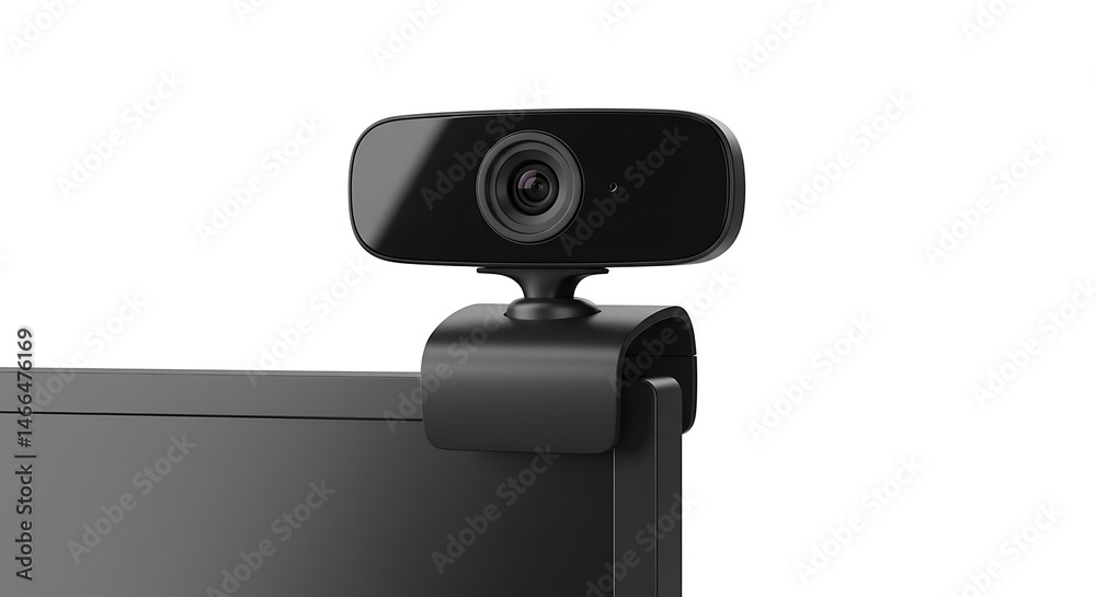 Naklejka premium A modern black webcam is securely clipped to the top edge of a sleek computer monitor, sharply isolated against a clean white background