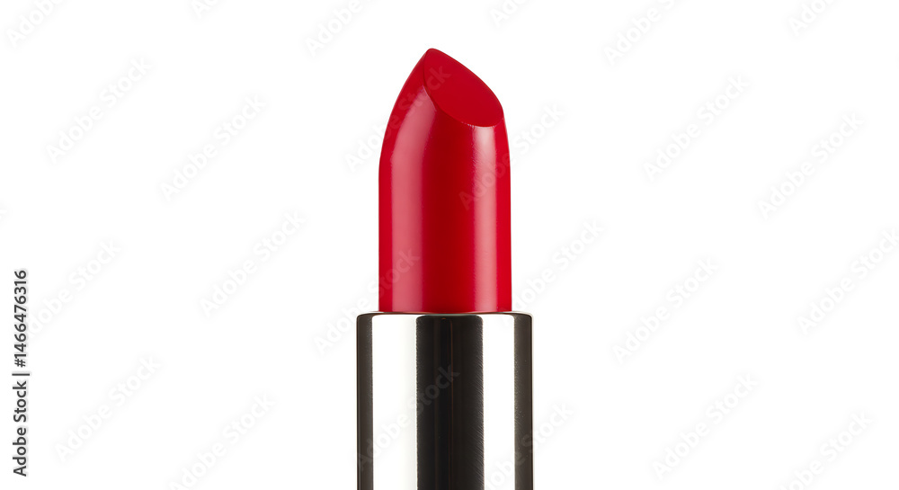 Obraz premium A striking close-up of a classic vibrant red lipstick, elegantly presented in its sleek silver and black tube, isolated against a pristine white background.