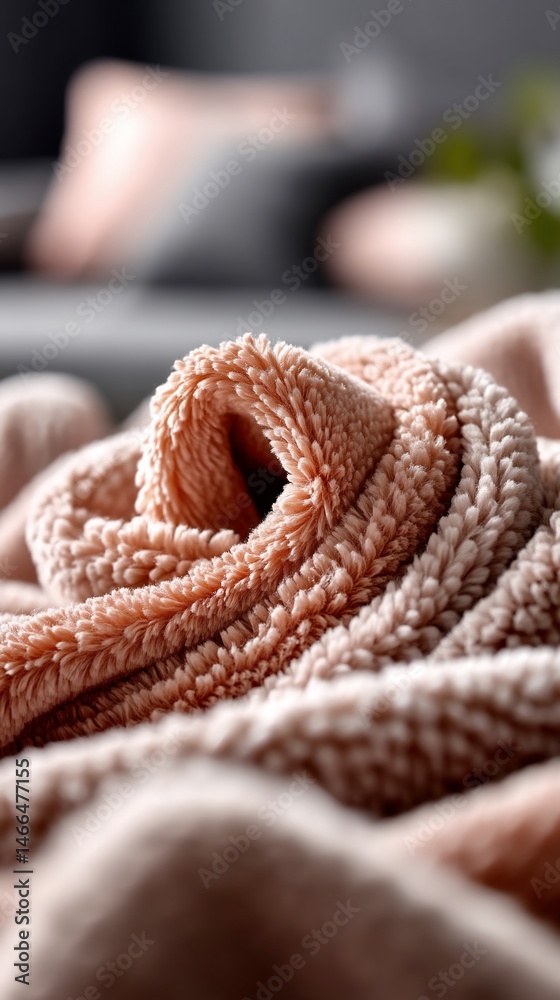 Fototapeta premium Soft, textured throw blanket in a warm peachy hue