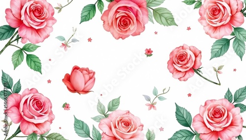 Delicate watercolor roses & leaves, repeating floral pattern, design, leaves, pastel