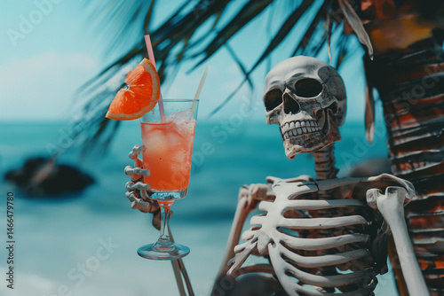 A skeleton on a beach, enjoying a cocktail with an orange slice, offers a unique scene. Generative AI