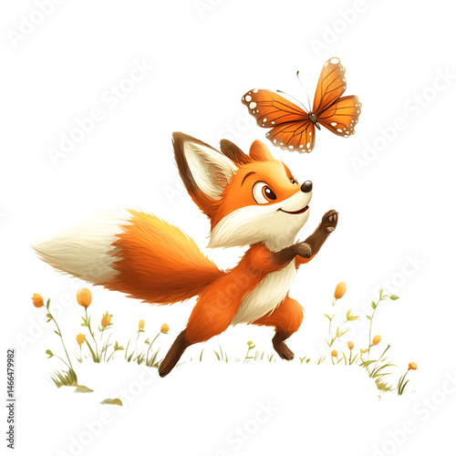 Cartoon Fox Chasing a Butterfly Over Fiery Oranges Isolated on Transparent Background