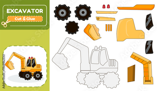 Excavator Truck Paper Model Puzzle Cut and Glue Activity for Kids