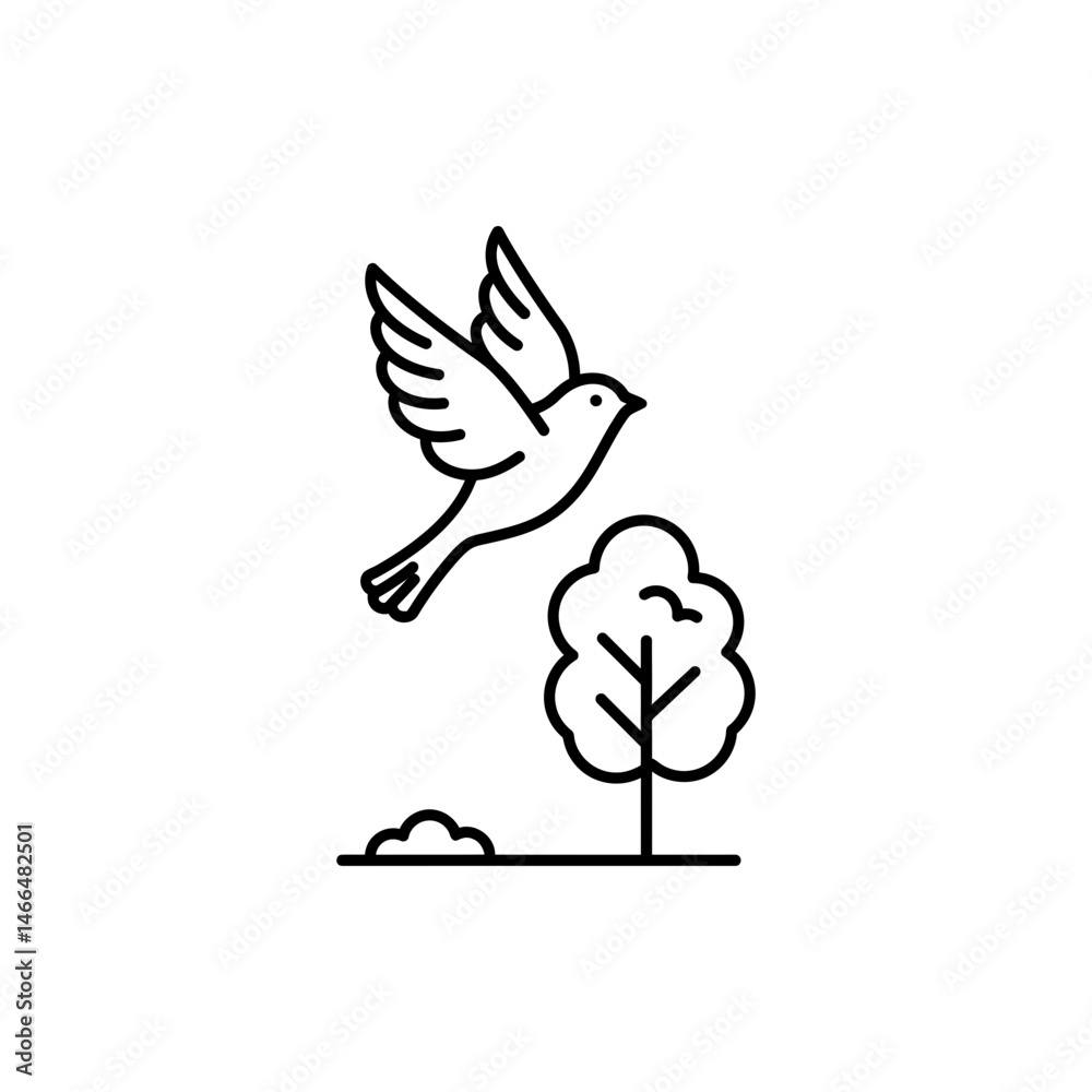 Fototapeta premium Bird Flapping Wings Flying Above a Tree in Natural Landscape