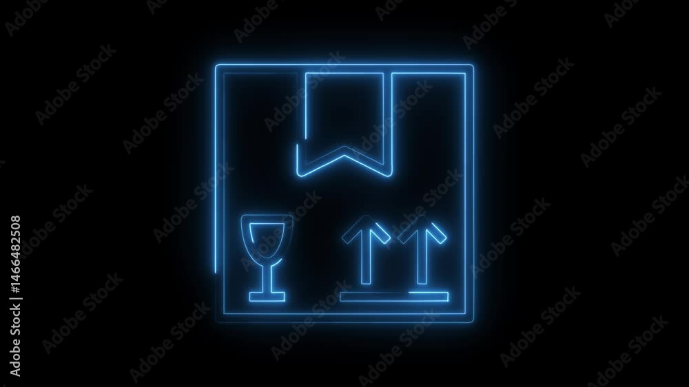 Neon glowing shipping box with fragile symbol isolated on black background Neon glowing shipping box with fragile symbol isolated on black background