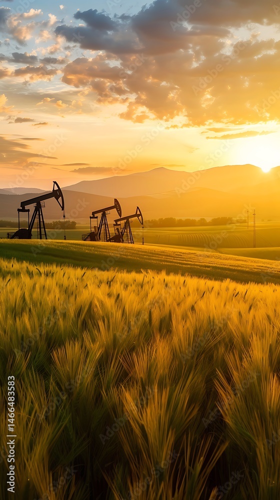 Fototapeta premium Oil Pumps In Golden Wheat Field At Sunset Photo