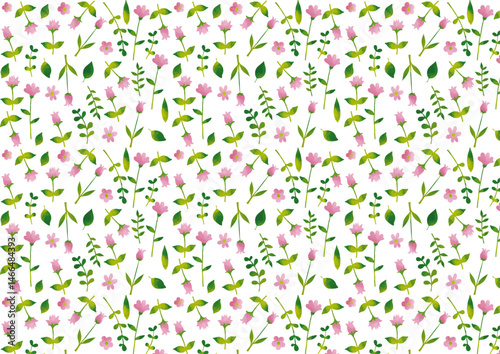 水彩風　ピンクの小花と葉っぱ　パターン