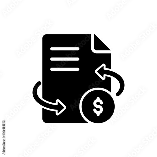 Document with arrow spiraling around coin icon, financial transaction symbol, investment or revenue concept, money exchange vector, economic growth graphic, business flow chart, stock illustration