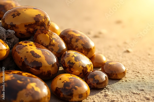 Tiger’s eye stones aligned diagonally over a soft sand background, luminous golden-brown contrast, gentle natural backlight