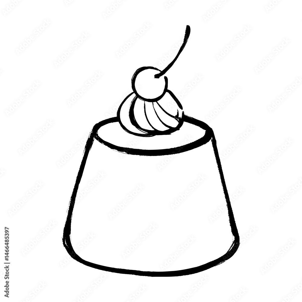 筆タッチのさくらんぼののったプリンのイラスト 筆タッチのさくらんぼののったプリンのイラスト