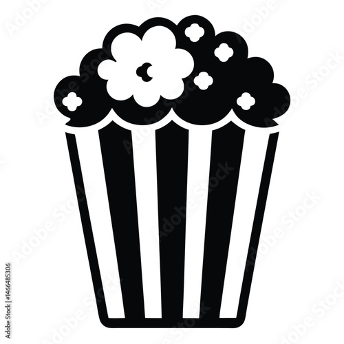A stylized bucket filled with popcorn is shown in stark black and white
