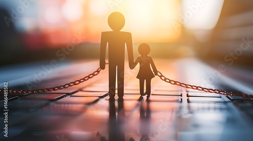 Online Safety Concept Dad And Child Figures Bound By Chains On Keyboard Photo