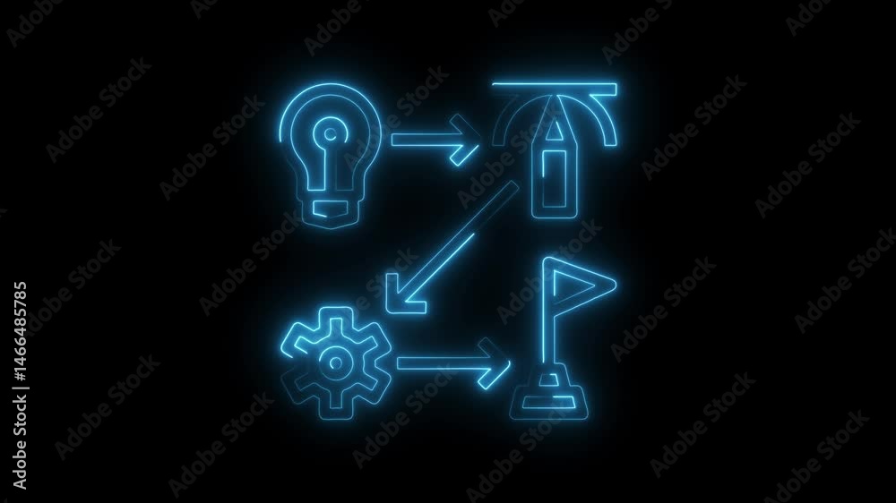Neon flowchart animation showing business strategy idea execution and target achievement