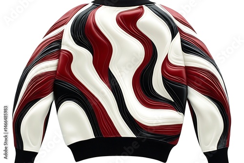 Abstract red, white, and black pattern on a sweater with ribbed black neckline, cuffs, and hem
