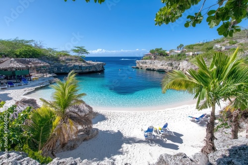 Pristine Caribbean cove with palm trees, beach chairs, and turquoise water photo