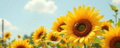august sunflowers, large petals with bees, 3d illustration, soft background, natural daylight, clean and simple aesthetic