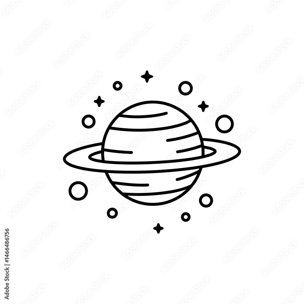 Fototapeta premium Planet with Rings and Small Moons Circling It in Minimal Circular Arrangement