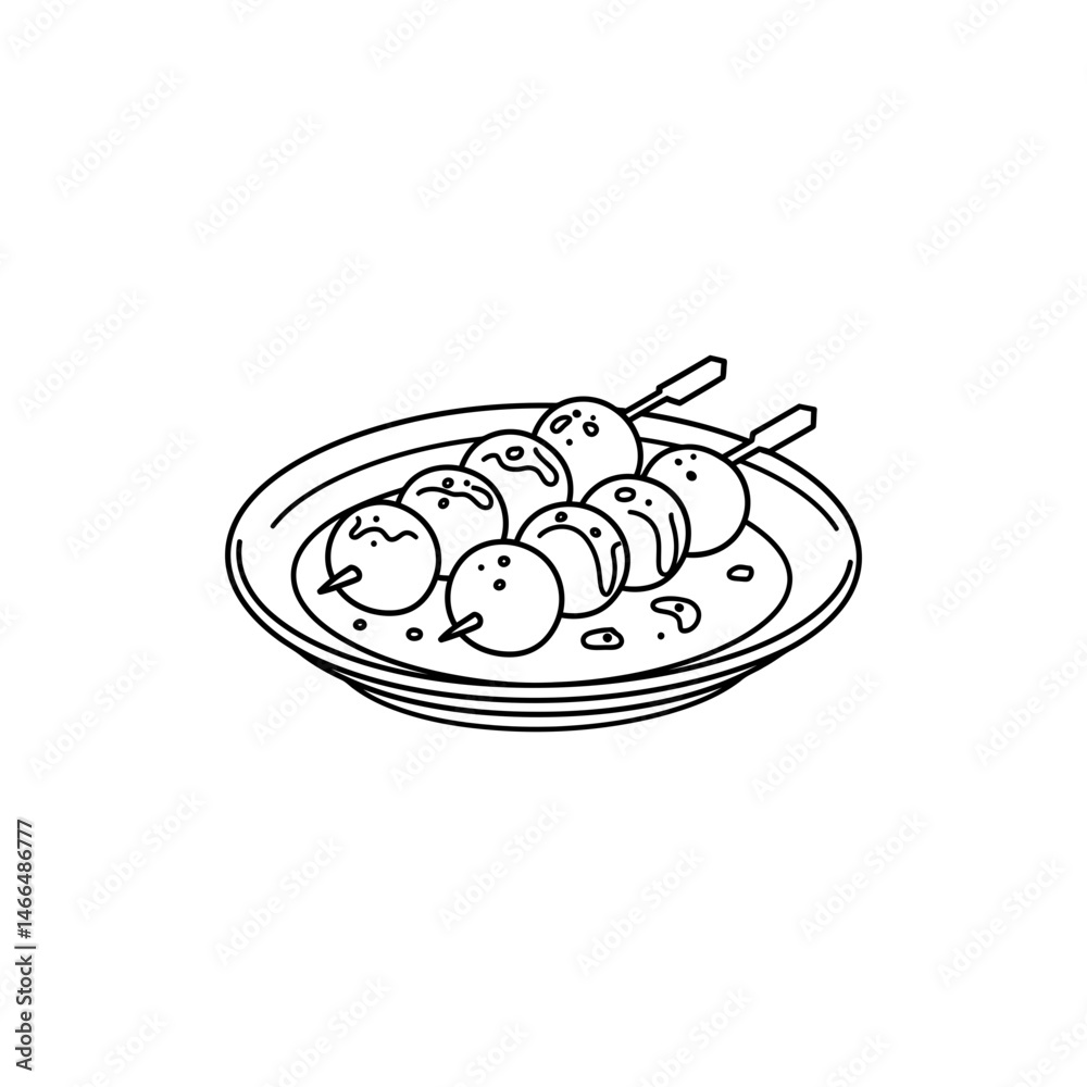 Plate of Tsukune Meatballs with Skewers and Tare Glaze - Japanese Cuisine Concept Plate of Tsukune Meatballs with Skewers and Tare Glaze - Japanese Cuisine Concept