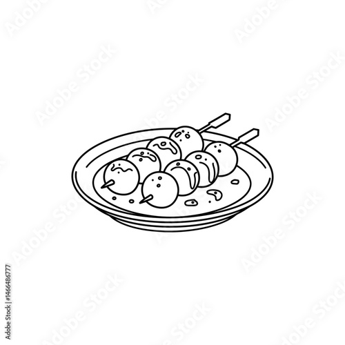 Plate of Tsukune Meatballs with Skewers and Tare Glaze - Japanese Cuisine Concept