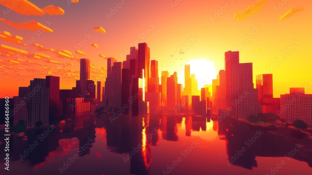 Fototapeta premium Sunrise cityscape with pixelated architectural design.