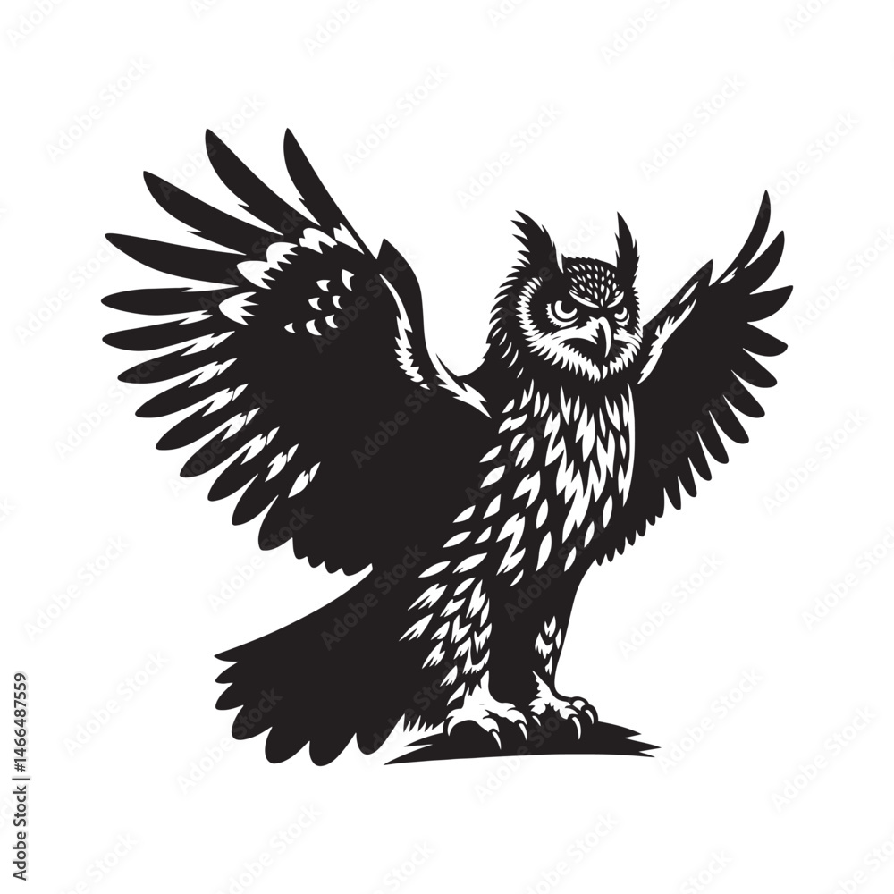 Majestic Eurasian Eagle Owl Bird Vector Silhouette – Powerful Predator, Nocturnal Hunter, and Symbol of Wisdom in Striking Minimalist Art - Eurasian Eagle Owl Bird Illustration.