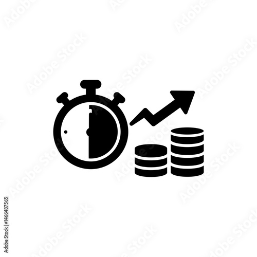 Stopwatch with Arrow and Coin Stack Representing Time and Financial Growth
