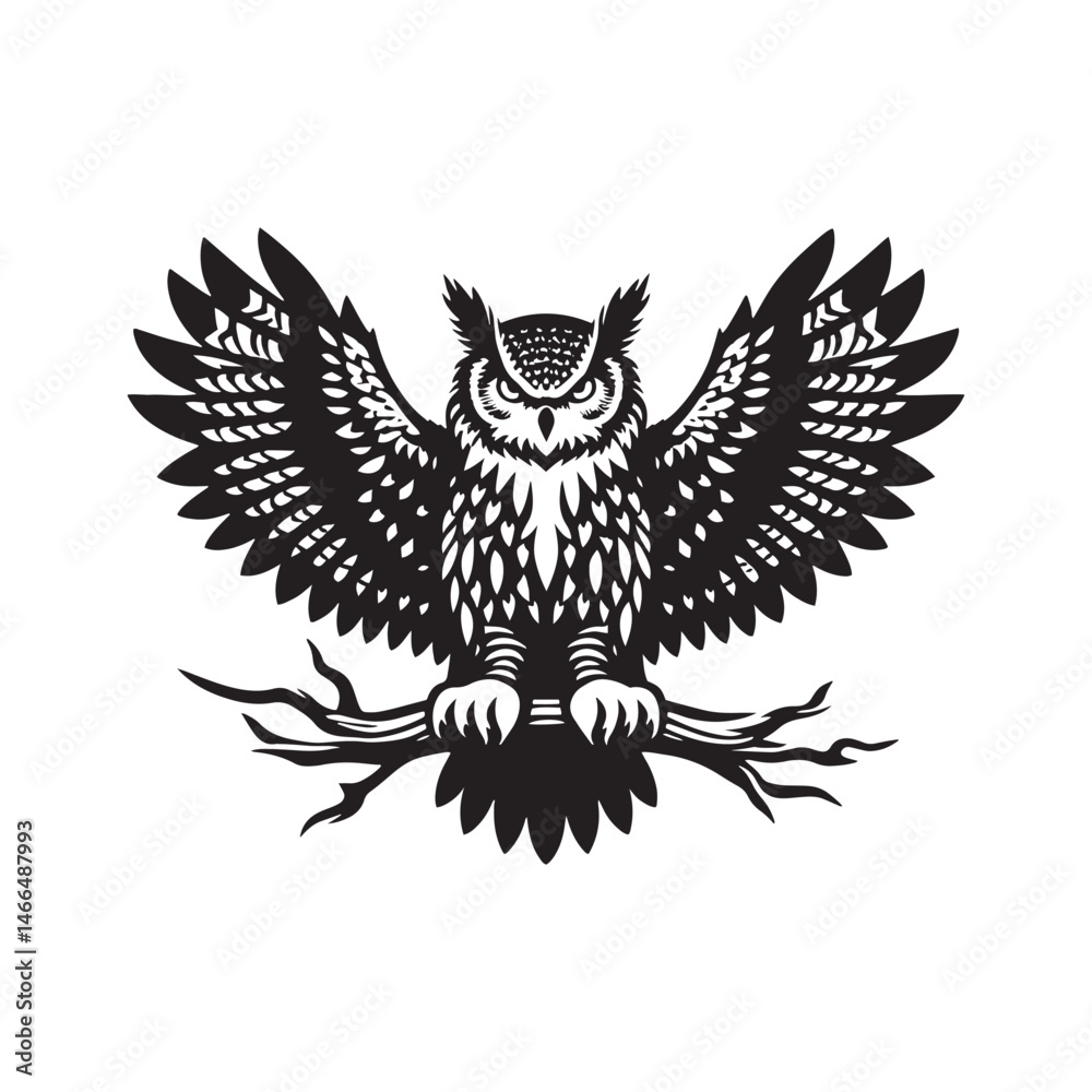 Obraz premium Majestic Eurasian Eagle Owl Bird Vector Silhouette – Powerful Predator, Nocturnal Hunter, and Symbol of Wisdom in Striking Minimalist Art - Eurasian Eagle Owl Bird Illustration.