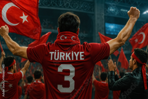 Turkish Football Fan Cheering with Raised Arms

