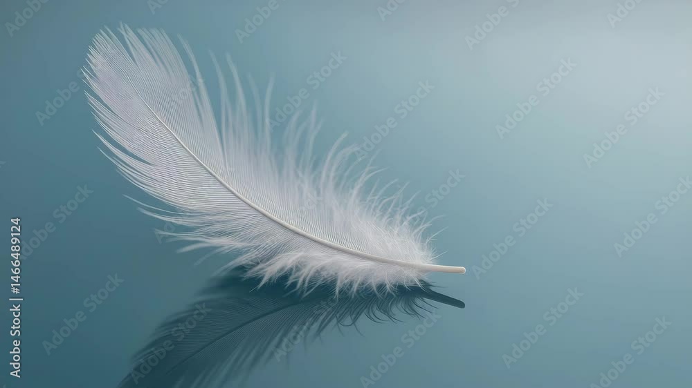 Delicate white feather floats gently on calm water with soft ripples and smooth reflection of light in peaceful and calm landscape Delicate white feather floats gently on calm water with soft ripples and smooth reflection of light in peaceful and calm landscape