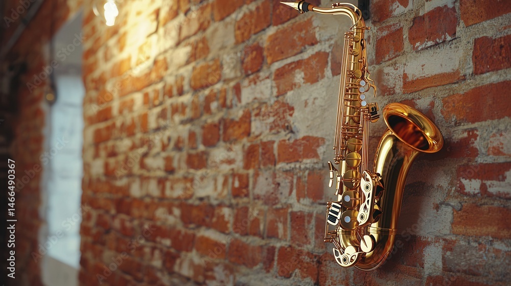 Fototapeta premium realistic golden saxophone hanging against an old red brick wall, soft industrial lighting, warm tones