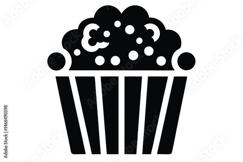 Black bucket brimming with white popcorn icon isolated on plain background