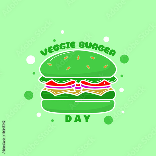 National Veggie Burger Day to celebrate on June 5th. A vegetarian-themed burger filled with vegetables and vegetarian meat on bright green background. Food event banner.