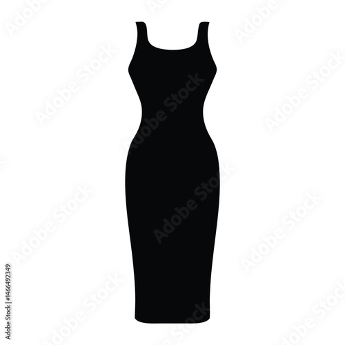 midi dress vector silhouette icon, black and white illustration of clothing.