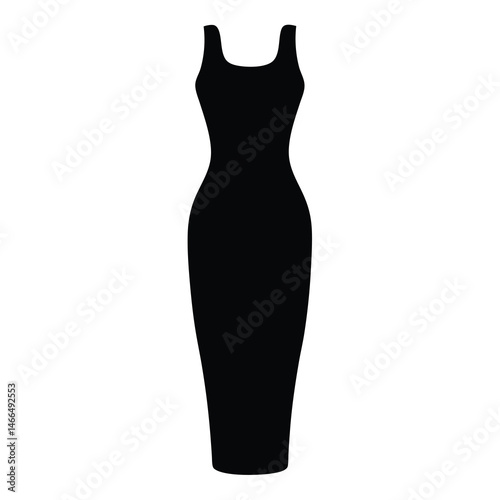 midi dress vector silhouette icon, black and white illustration of clothing.