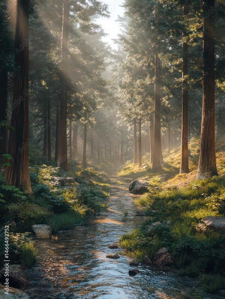 Fototapeta premium Sunlit forest scene with stream