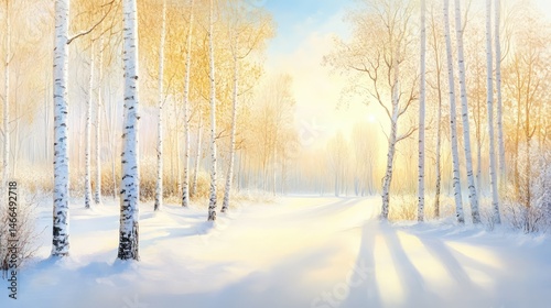 A serene grove of birch trees surrounded by fresh snow, soft shadows stretching in winter sun