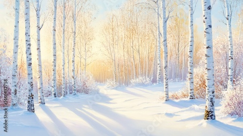 A serene grove of birch trees surrounded by fresh snow, soft shadows stretching in winter sun
