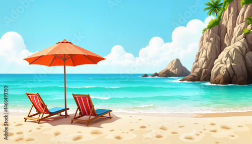Quiet beach cove with turquoise water on a summer day featuring beach chairs and an umbrella