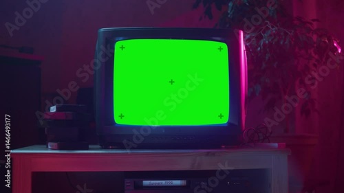 Close up footage of aDated TV set with green screen mock up chroma key Template display. Nostalgic retro nineties technology concept